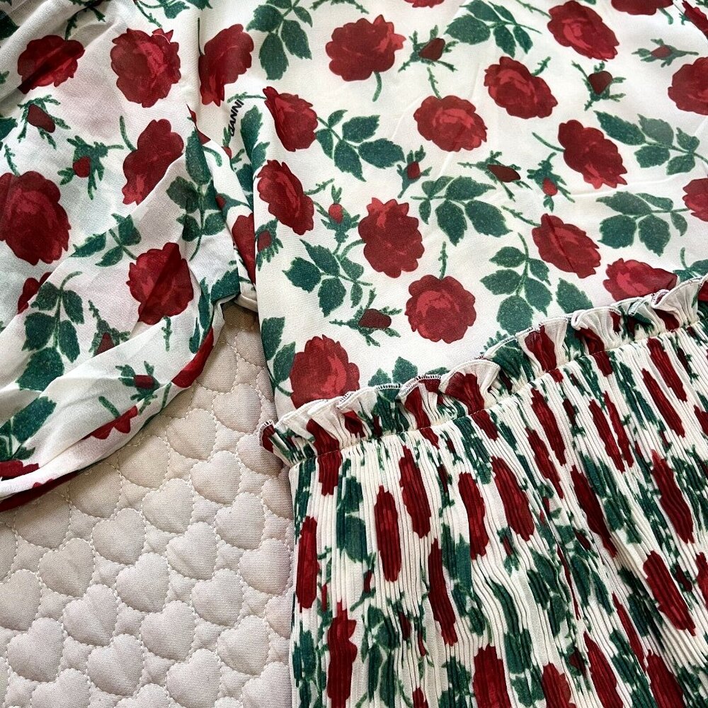 NWT GANNI Floral Print Pleated Georgette Mini Dress Size 36 Jenney - Picture 5 of 12